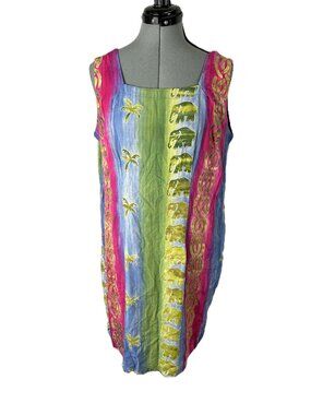 Asian Creations Batik Dress Elephants Palm Trees L Vintage